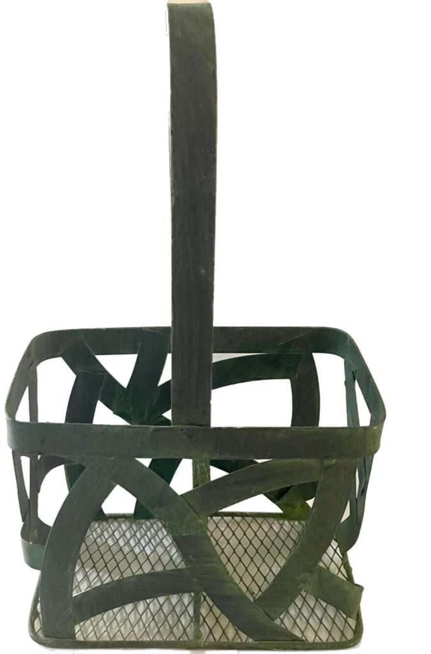 Vintage Handcrafted Green Metal Ribbon-Style Bottle Caddy Basket